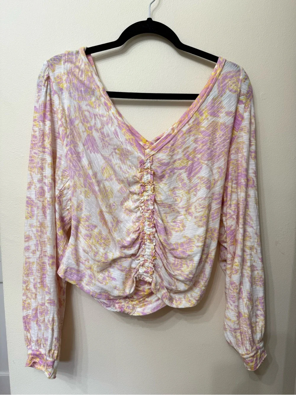 Free People XL Ruched Floral V Neck Long Sleeve Top Boho Colorful Feminine